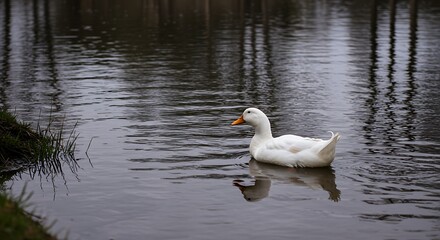 Obraz premium White duck swims peacefully on calm water with tree reflections