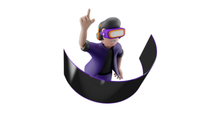 A 3D cartoon character wearing a VR headset and pointing upwards, surrounded by a black curved surface.