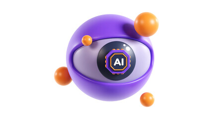 A 3D rendering of a stylized purple robotic eye with an AI logo, symbolizing artificial intelligence, machine learning, and computer vision.