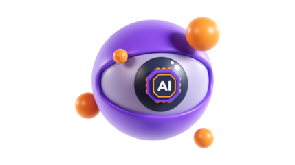 A 3D rendering of a stylized purple robotic eye with an AI logo, symbolizing artificial intelligence, machine learning, and computer vision.
