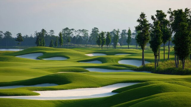 Rolling greens and white sand traps create a picturesque golf course scene in the late afternoon. Tall trees line the course enhancing the serene atmosphere.