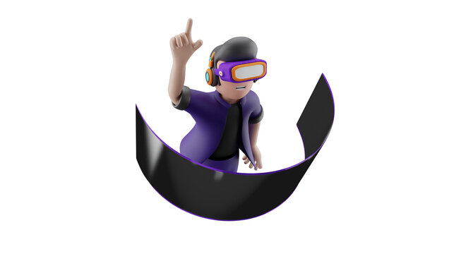 A 3D cartoon character wearing a VR headset and pointing upwards, surrounded by a black curved surface.