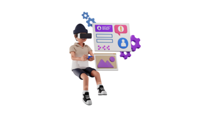 3D render of a young boy wearing a VR headset and holding controllers, interacting with virtual user interface elements and gears, representing metaverse or virtual gaming.