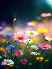 Fototapeta premium Beautiful colorful wildflowers blooming in natural garden scene with vibrant pink white yellow and blue flowers under soft sunlight