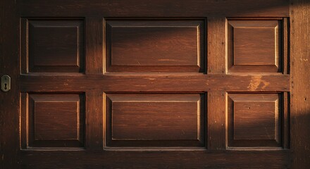 Wooden door with geometric panels and keyhole detail illuminated by sunlight