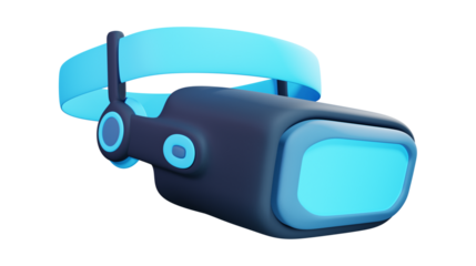 A futuristic virtual reality headset with a sleek, modern design, featuring a dark blue body and a bright cyan strap and lens.