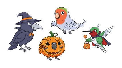 Halloween Animal Characters: A delightful illustration featuring four adorable animal characters, each dressed in festive Halloween costumes. including a clever crow in a witch hat, a cute parrot.