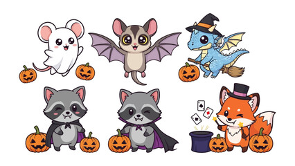 Enchanting Halloween Creatures: A vibrant illustration of adorable Halloween creatures, featuring a playful mouse in ghost form, a charming bat, a friendly dragon.