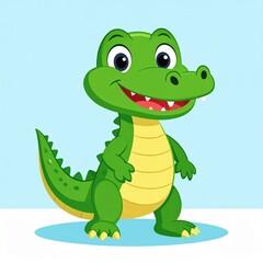 Obraz premium A cheerful cartoon illustration of a bright green alligator standing upright and smiling against a light blue background.