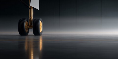 Wide airplane landing gear assembly on reflective surface industrial setting close-up view aviation concept