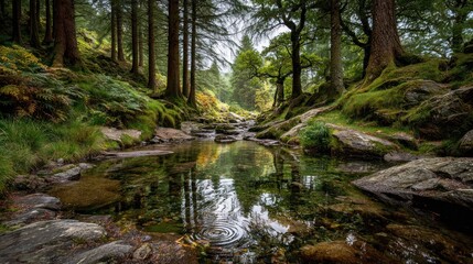 Obraz premium Tranquil forest stream flowing through a vibrant green woodland, surrounded by moss-covered rocks and towering trees, with water reflections.
