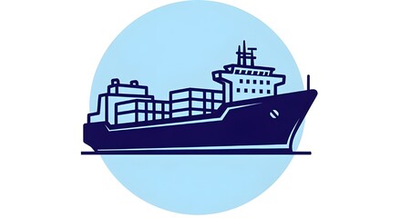 Obraz premium Stylized marine cargo ship icon featuring stacked containers is isolated against a solid light blue circular backdrop.