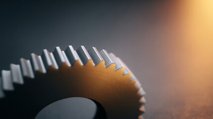 Industrial action closeup of polished metal gear ring in studio setting highlighting precision and design