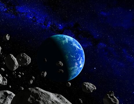 Earth amidst asteroid field in deep space