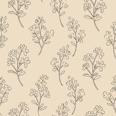 Hand drawn seamless floral pattern with simple little flower branch. Doodle sketch line style. Vector illustration for nature foliage wallpaper, background, textile design