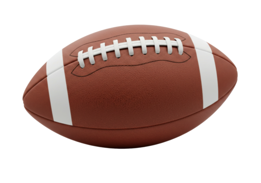 Isolated American football classic pigskin sports equipment brown leather ball with white laces and stripes for game day competition