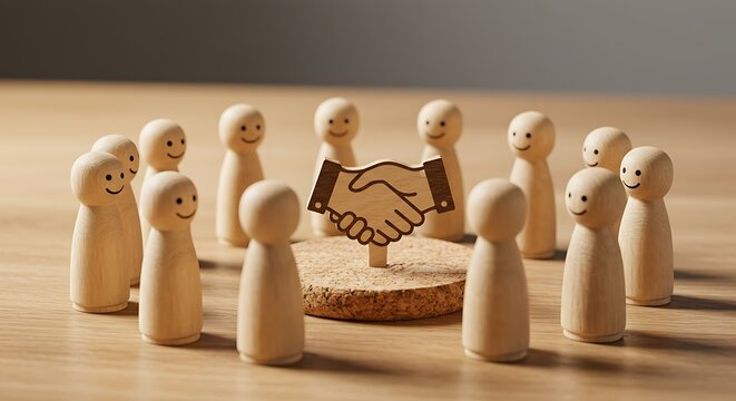 Wooden figures surround a handshake symbol symbolizing agreement and teamwork