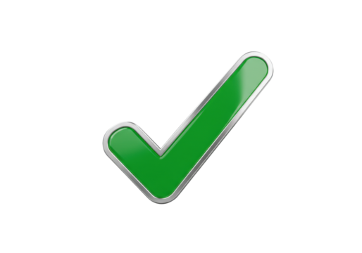 Isolated glossy green checkmark with metallic border representing approval success and completion a modern 3D rendered graphic element