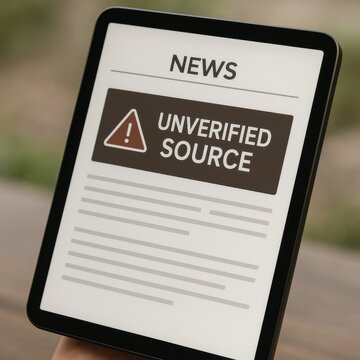Tablet screen showing &ldquo;NEWS&rdquo; with warning &ldquo;UNVERIFIED SOURCE.&rdquo; Highlights misinformation and media credibility.