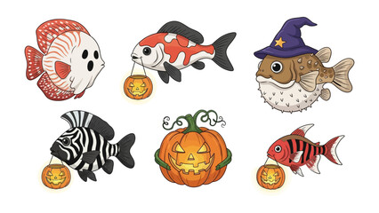 Whimsical Halloween Fishes: A delightful illustration featuring six cartoonish fishes, each uniquely adorned in Halloween attire and holding a trick-or-treat pumpkin, adding a splash of festive fun. 