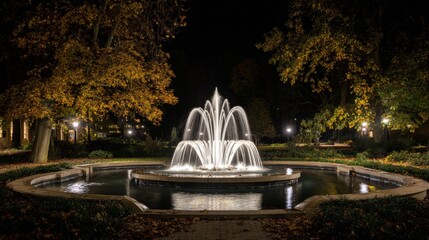 Night view of illuminated fountain with water jets in a city park surrounded by trees and glowing lights creating a peaceful nighttime scene