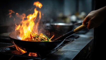 A chef flamb s food in a wok with a vibrant flame