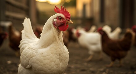 White hen portrait in a farmyard setting with other chickens in the background