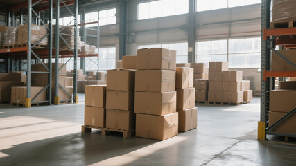 Bright Warehouse Interior Full of Cardboard Boxes on Pallets for Distribution