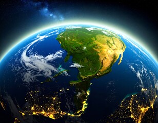 Fototapeta premium Earth centered on Americas, with detailed landmasses, clouds, and city lights