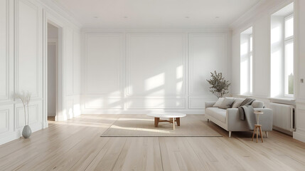 Fototapeta premium Scandinavian Minimalist Living Room with White Walls and Light Oak Flooring