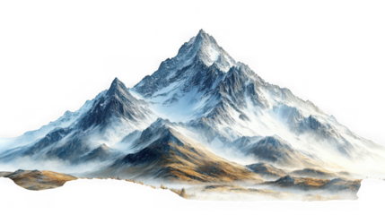 Dramatic snowcovered mountain range with misty valleys and golden earth, isolated on transparent background