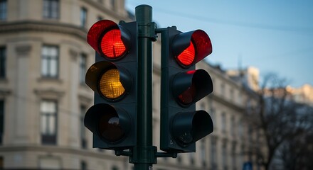 Traffic lights illuminated against cityscape background on bright day