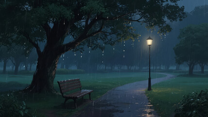 Rainy night park bench street lamp lonely emotion healing scenery background