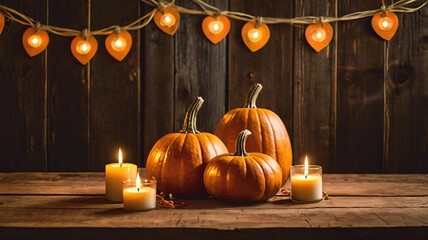 Pumpkins on a Rustic Table with Candles and String Lights - thanksgiving