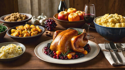 Thanksgiving table with turkey and sides.