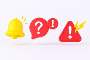 Collection of 3d icons representing notifications alerts questions and warnings on a white background