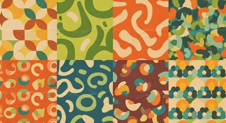Colorful retro abstract pattern tiles with organic shapes, bold lines, and earthy tones, forming a seamless patchwork of vintage-inspired designs, perfect for backgrounds, textiles, and creative decor