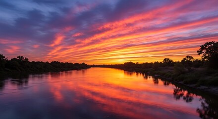 Vibrant sunset sky over a tranquil river reflecting colorful clouds