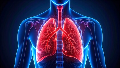 3D medical illustration of human lungs in glowing blue x-ray style, detailed bronchial tubes and ribcage visible, isolated on dark background, futuristic healthcare anatomy visualization