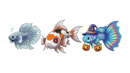 Whimsical Trio of Aquatic Charms: These playful fish embody different personalities in a captivating illustration, showcasing their unique charm and vibrant allure.