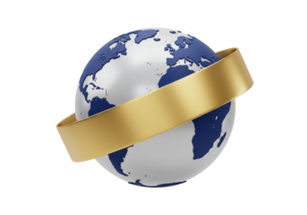 Isolated stylized earth globe with blue continents and a sleek golden metallic band symbolizing worldwide connection and digital network
