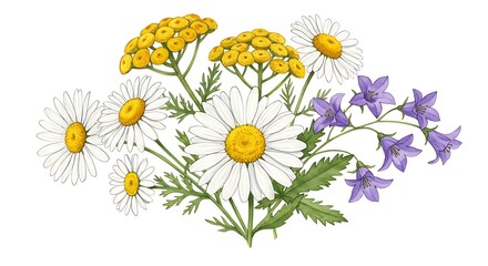 Watercolor illustration of daisies yellow flowers and bluebells on white backdrop