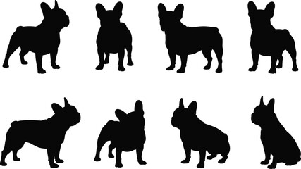 French Bulldog silhouette collection, black dog poses, pet vector icon set, isolated animal shapes, canine breed illustration, flat vector illustration