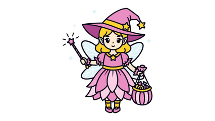 Enchanting Fairy Illustration: A whimsical illustration of a fairy, exuding a playful vibe. Wearing a pink dress and a magic wand, she holds a pouch of colorful treats.