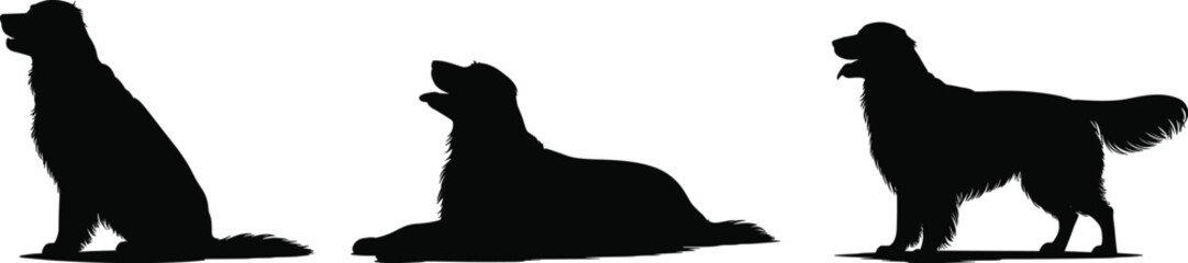 Dog silhouette poses, sitting dog, lying dog, standing dog, black vector illustration, pet icons, flat design, isolated artwork, flat vector illustration