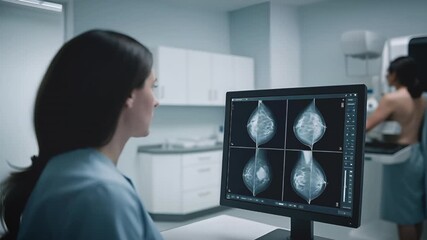Medical staff analyzing detailed breast cancer screening results on a monitor while a patient undergoes a mammography scan in a clinical setting, modern technology and diagnosis. - Powered by Adobe