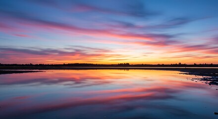 Vibrant sunset sky reflecting in calm water creating a scenic landscape