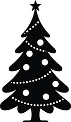 Christmas tree silhouette, festive decoration, holiday symbol, star on top, circular ornaments, black icon, seasonal graphic, flat vector illustration