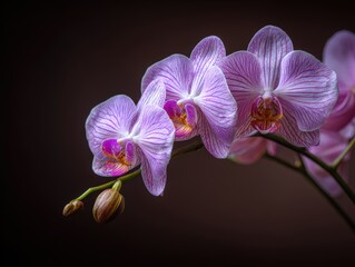 Beautiful close-up of vibrant pink and white orchid flowers with intricate veining and delicate petals on a dark background