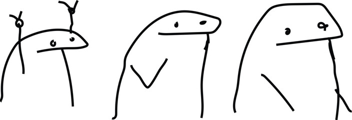 Three simple stick figure characters with minimalist doodle style and expressive faces